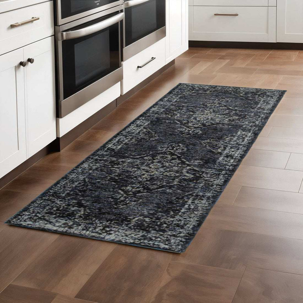8' Runner Blue and Ivory Oriental Power Loom Runner Rug - Homeroots - Flyclothing LLC