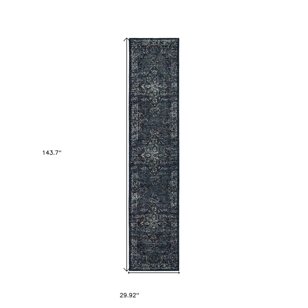 12' Runner Blue and Brown Oriental Power Loom Runner Rug - Homeroots - Flyclothing LLC