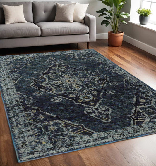 5' X 7' Blue and Black Oriental Power Loom Area Rug - Homeroots - Flyclothing LLC