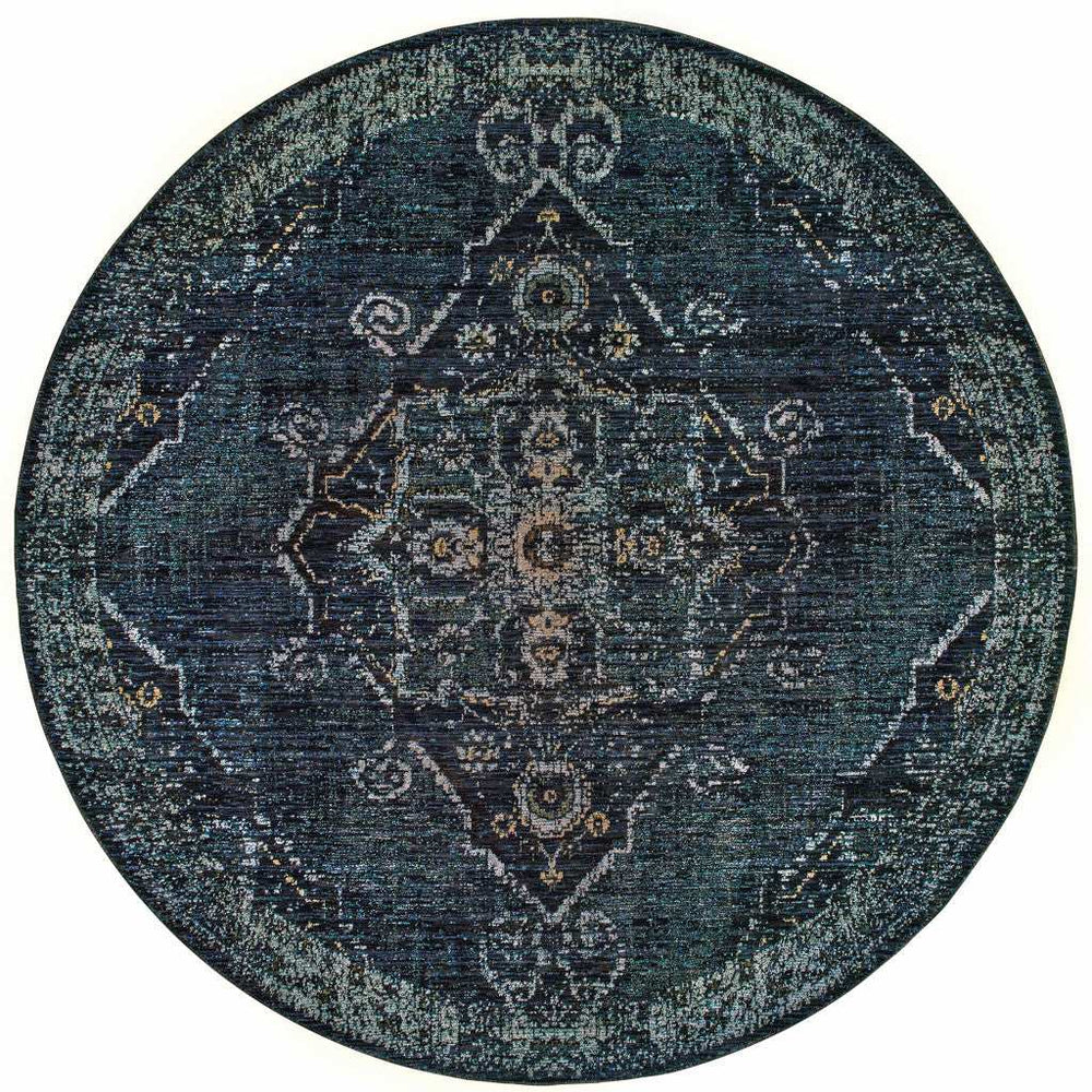 8' Blue and Black Round Oriental Power Loom Area Rug - Homeroots - Flyclothing LLC