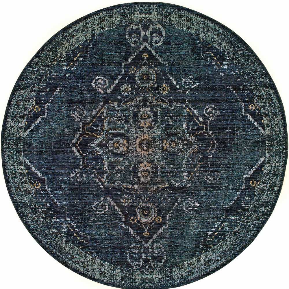 8' Blue and Black Round Oriental Power Loom Area Rug - Homeroots - Flyclothing LLC