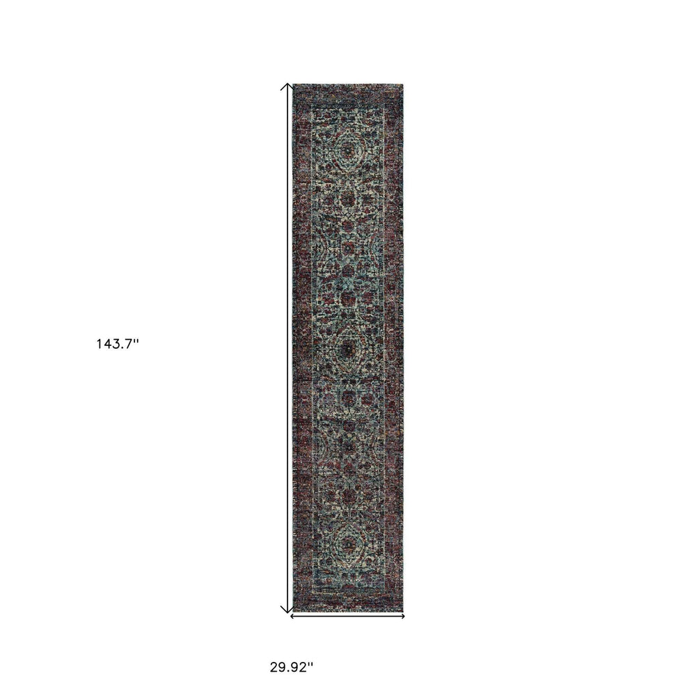 12' Runner Blue and Purple Oriental Power Loom Runner Rug - Homeroots - Flyclothing LLC