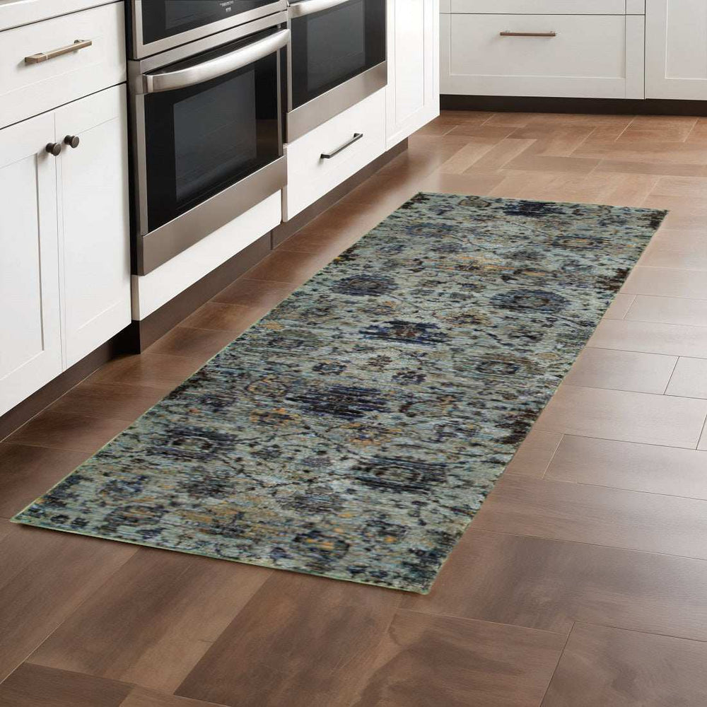 8' Runner Blue Green Oriental Power Loom Runner Rug - Homeroots - Flyclothing LLC