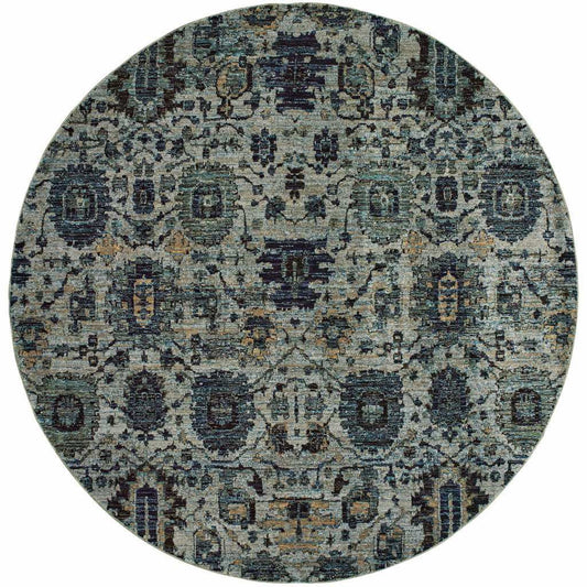 8' Blue Green Round Oriental Power Loom Area Rug - Homeroots - Flyclothing LLC