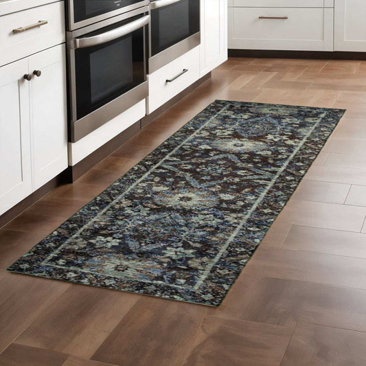8' Runner Navy Blue Oriental Power Loom Runner Rug - Homeroots - Flyclothing LLC