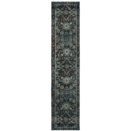 12' Runner Navy and Blue Oriental Power Loom Runner Rug - Homeroots - Flyclothing LLC
