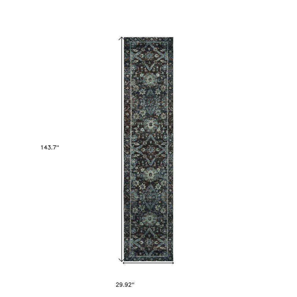 12' Runner Navy and Blue Oriental Power Loom Runner Rug - Homeroots - Flyclothing LLC