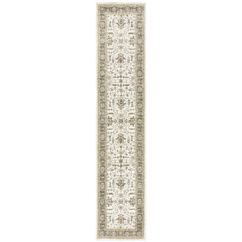 12' Runner Ivory Grey and Blue Oriental Power Loom Runner Rug - Homeroots - Flyclothing LLC