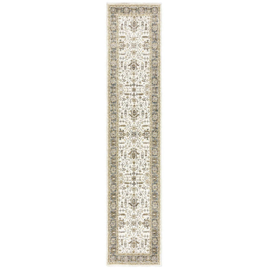12' Runner Ivory Grey and Blue Oriental Power Loom Runner Rug - Homeroots - Flyclothing LLC