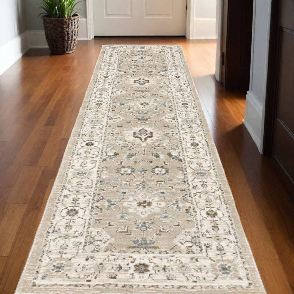12' Runner Beige and Ivory Oriental Power Loom Runner Rug - Homeroots - Flyclothing LLC
