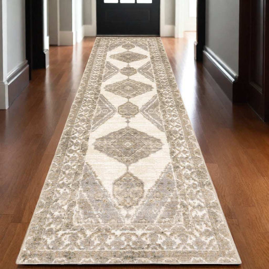 12' Runner Beige and Ivory Oriental Power Loom Runner Rug - Homeroots - Flyclothing LLC