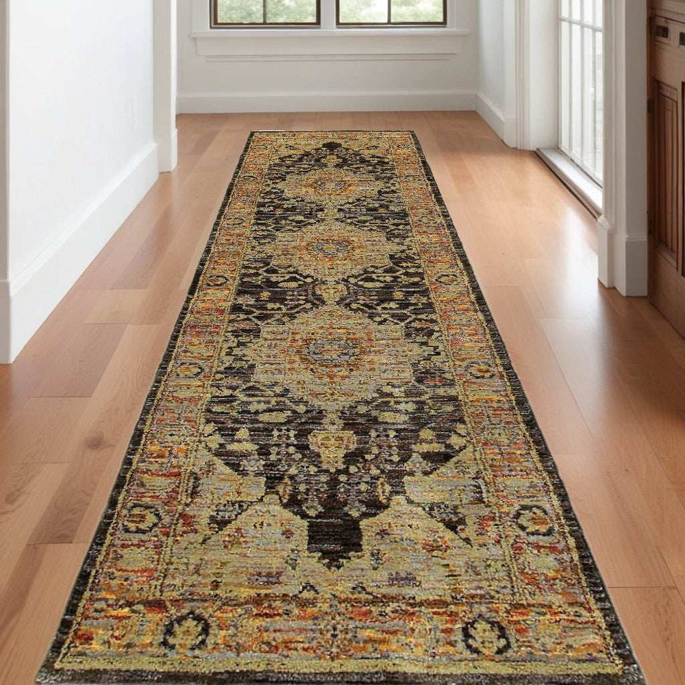 12' Runner Gold and Black Oriental Power Loom Runner Rug - Homeroots - Flyclothing LLC
