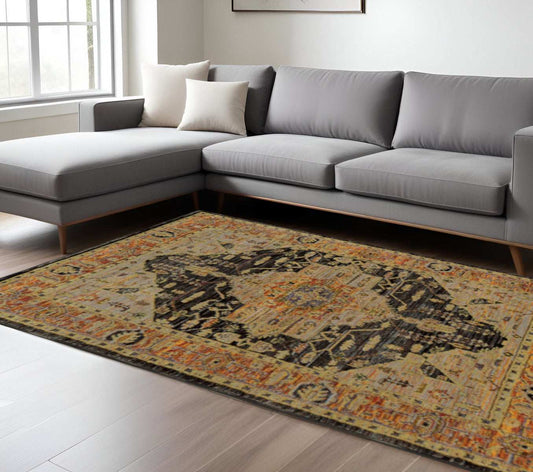 7' X 10' Black and Gold Oriental Power Loom Area Rug - Homeroots - Flyclothing LLC
