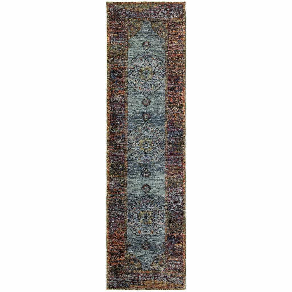 8' Runner Blue and Beige Oriental Power Loom Runner Rug - Homeroots - Flyclothing LLC