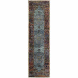 8' Runner Blue and Beige Oriental Power Loom Runner Rug - Homeroots - Flyclothing LLC