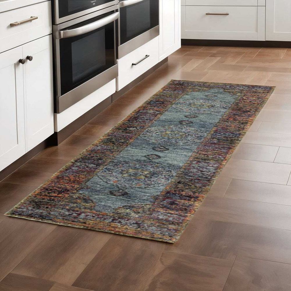 8' Runner Blue and Beige Oriental Power Loom Runner Rug - Homeroots - Flyclothing LLC