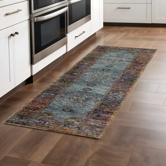 8' Runner Blue and Beige Oriental Power Loom Runner Rug - Homeroots - Flyclothing LLC
