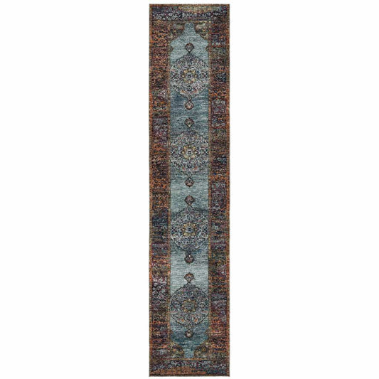 12' Runner Blue and Red Oriental Power Loom Runner Rug - Homeroots - Flyclothing LLC