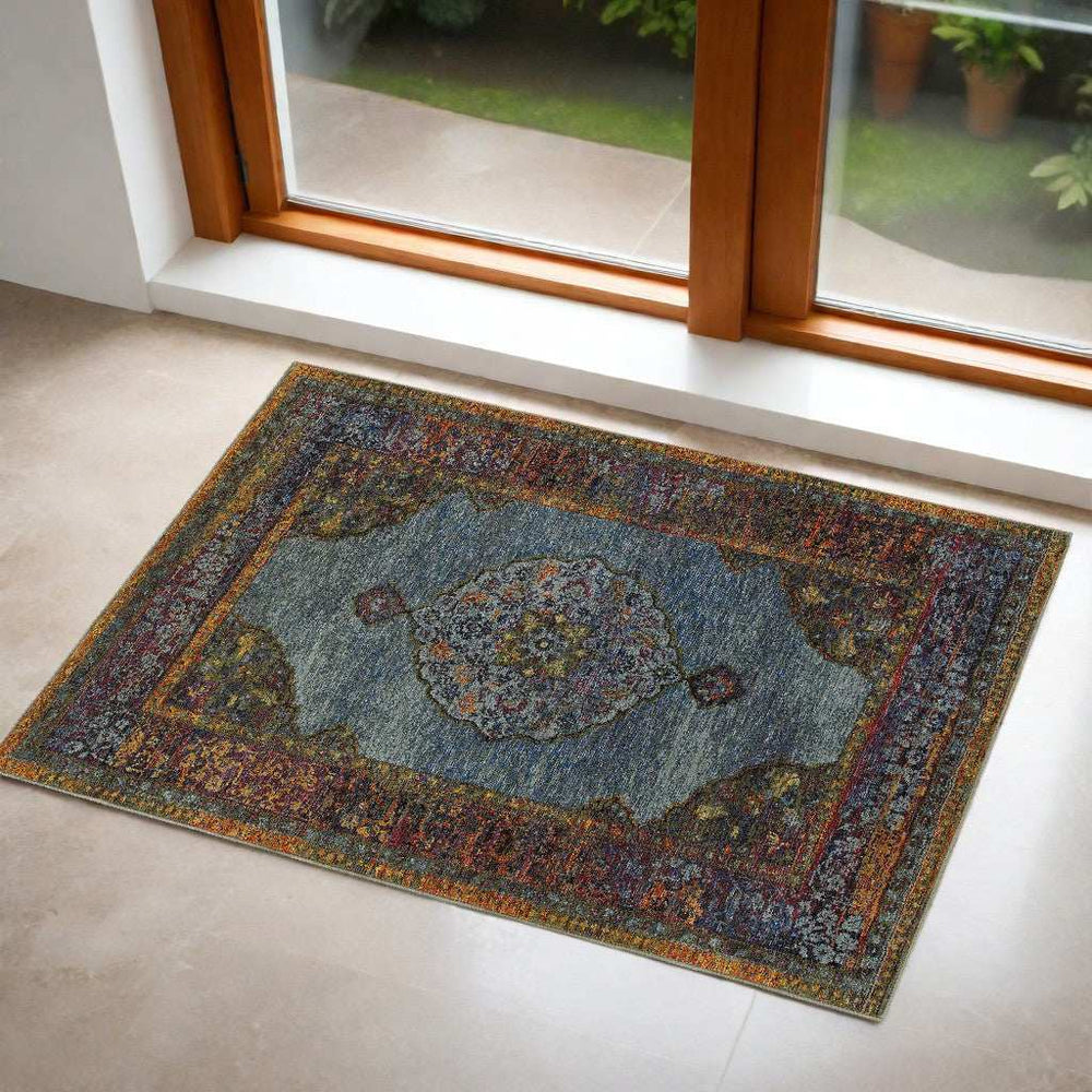 3' X 5' Blue and Beige Oriental Power Loom Area Rug - Homeroots - Flyclothing LLC
