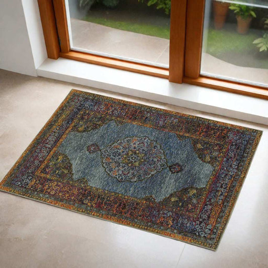 3' X 5' Blue and Beige Oriental Power Loom Area Rug - Homeroots - Flyclothing LLC