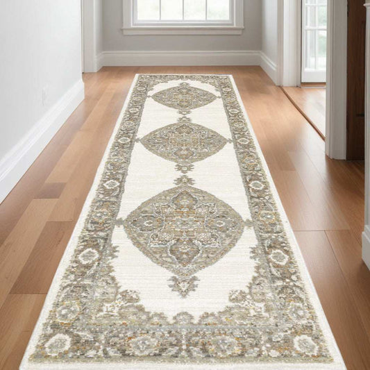 12' Runner Beige and Ivory Oriental Power Loom Runner Rug - Homeroots - Flyclothing LLC