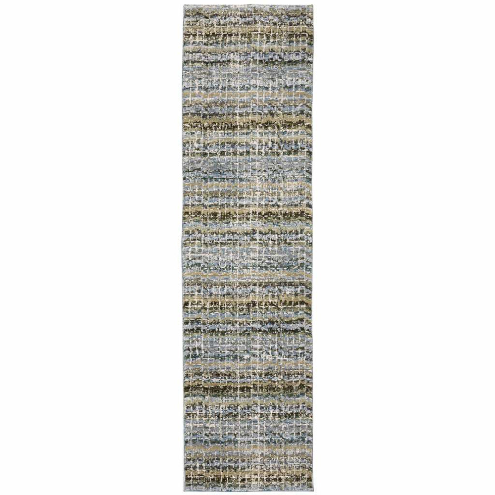 12' Runner Blue Green Teal and Grey Abstract Power Loom Runner Rug - Homeroots - Flyclothing LLC