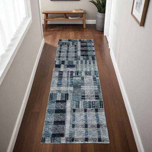 8' Runner Blue Geometric Power Loom Runner Rug - Homeroots - Flyclothing LLC
