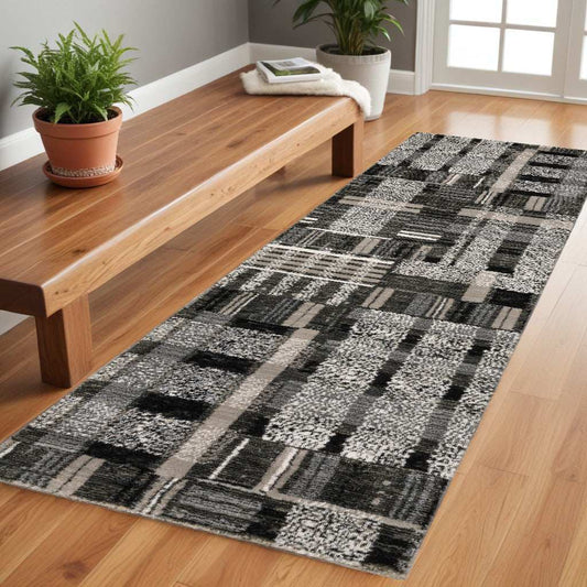 8' Runner Gray and Black Geometric Power Loom Runner Rug - Homeroots - Flyclothing LLC