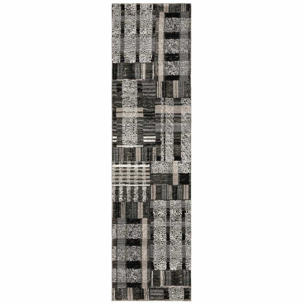 12' Runner Black Grey and Ivory Geometric Power Loom Runner Rug - Homeroots - Flyclothing LLC