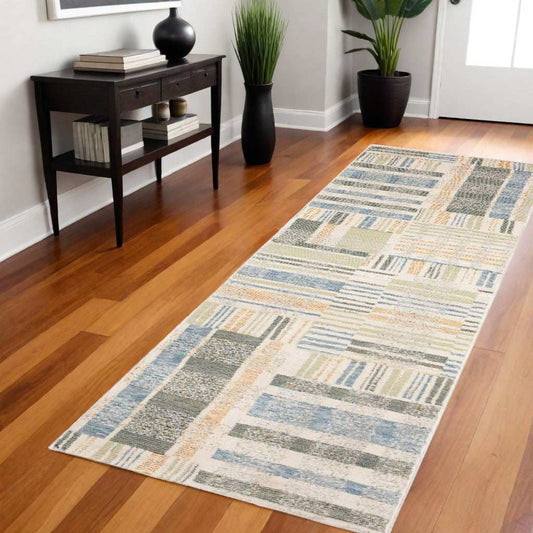 8' Runner Gray and Ivory Geometric Power Loom Runner Rug - Homeroots - Flyclothing LLC