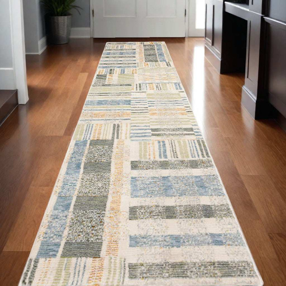 12' Runner Green Grey and Ivory Geometric Power Loom Runner Rug - Homeroots - Flyclothing LLC