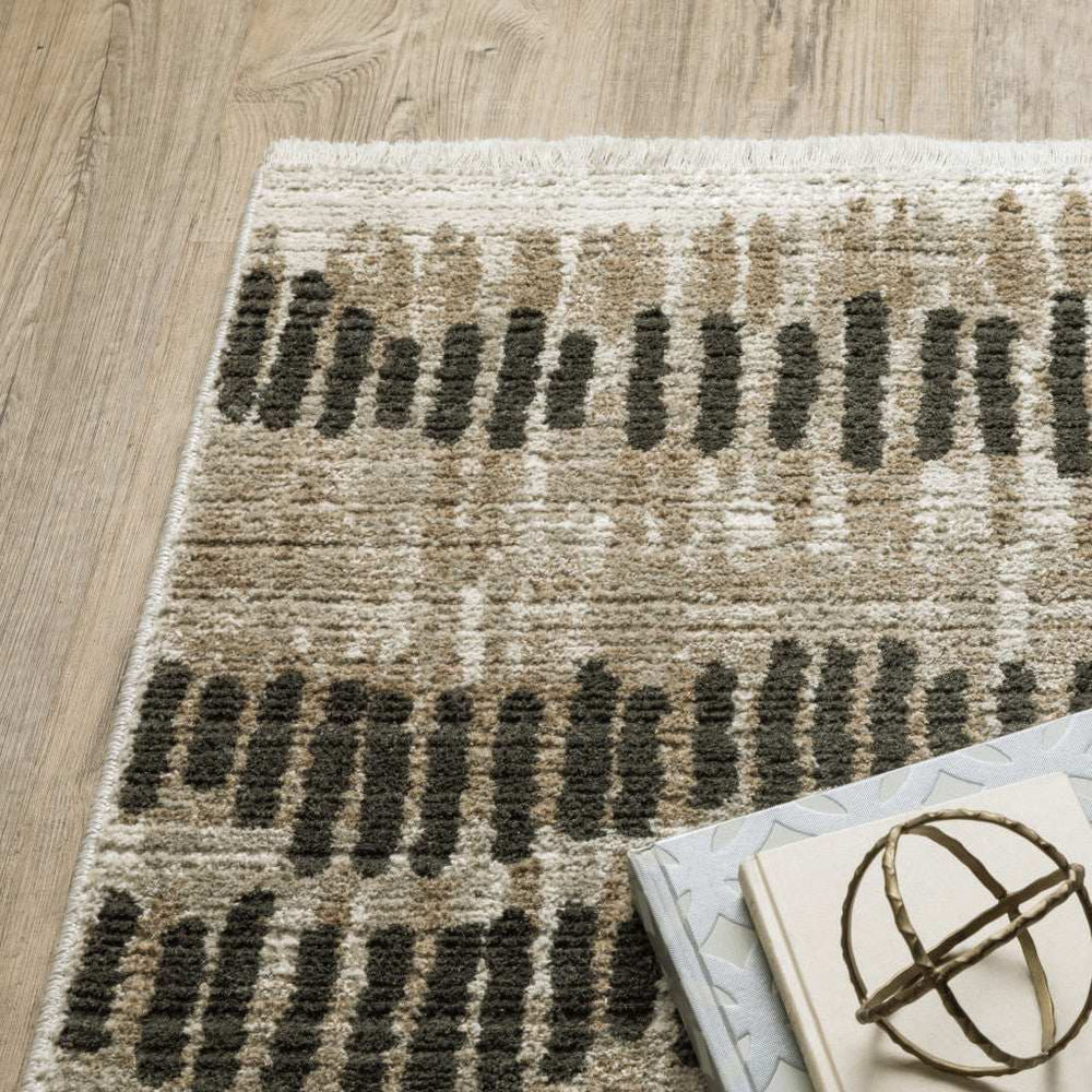 8' X 11' Beige Ivory Charcoal Brown Tan And Grey Abstract Power Loom Stain Resistant Area Rug With Fringe - Homeroots - Flyclothing LLC