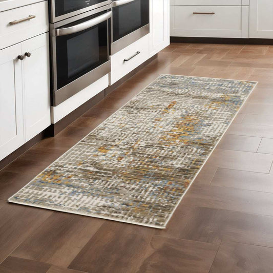 8' Beige Grey Brown Gold Red And Blue Abstract Power Loom Runner Rug With Fringe - Homeroots - Flyclothing LLC