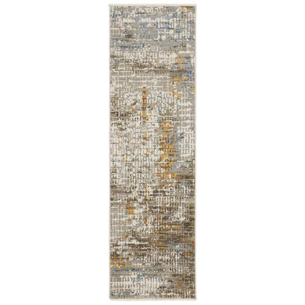 8' Beige Grey Brown Gold Red And Blue Abstract Power Loom Runner Rug With Fringe - Homeroots - Flyclothing LLC