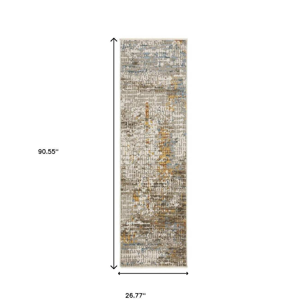 8' Beige Grey Brown Gold Red And Blue Abstract Power Loom Runner Rug With Fringe - Homeroots - Flyclothing LLC