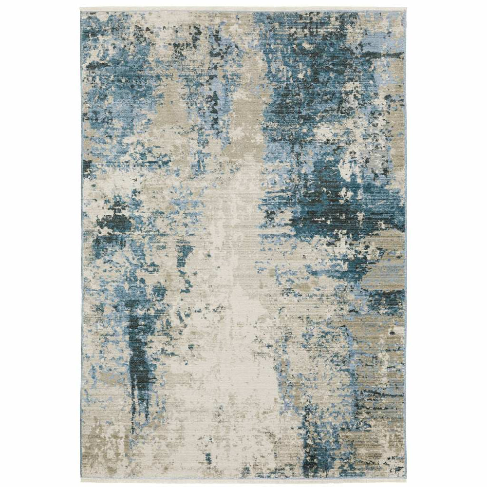 5' X 8' Blue Grey Ivory Light Blue And Dark Blue Abstract Power Loom Stain Resistant Area Rug With Fringe - Homeroots - Flyclothing LLC