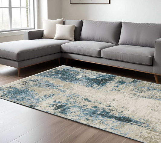 6' X 9' Blue Grey Ivory Light Blue And Dark Blue Abstract Power Loom Stain Resistant Area Rug With Fringe - Homeroots - Flyclothing LLC