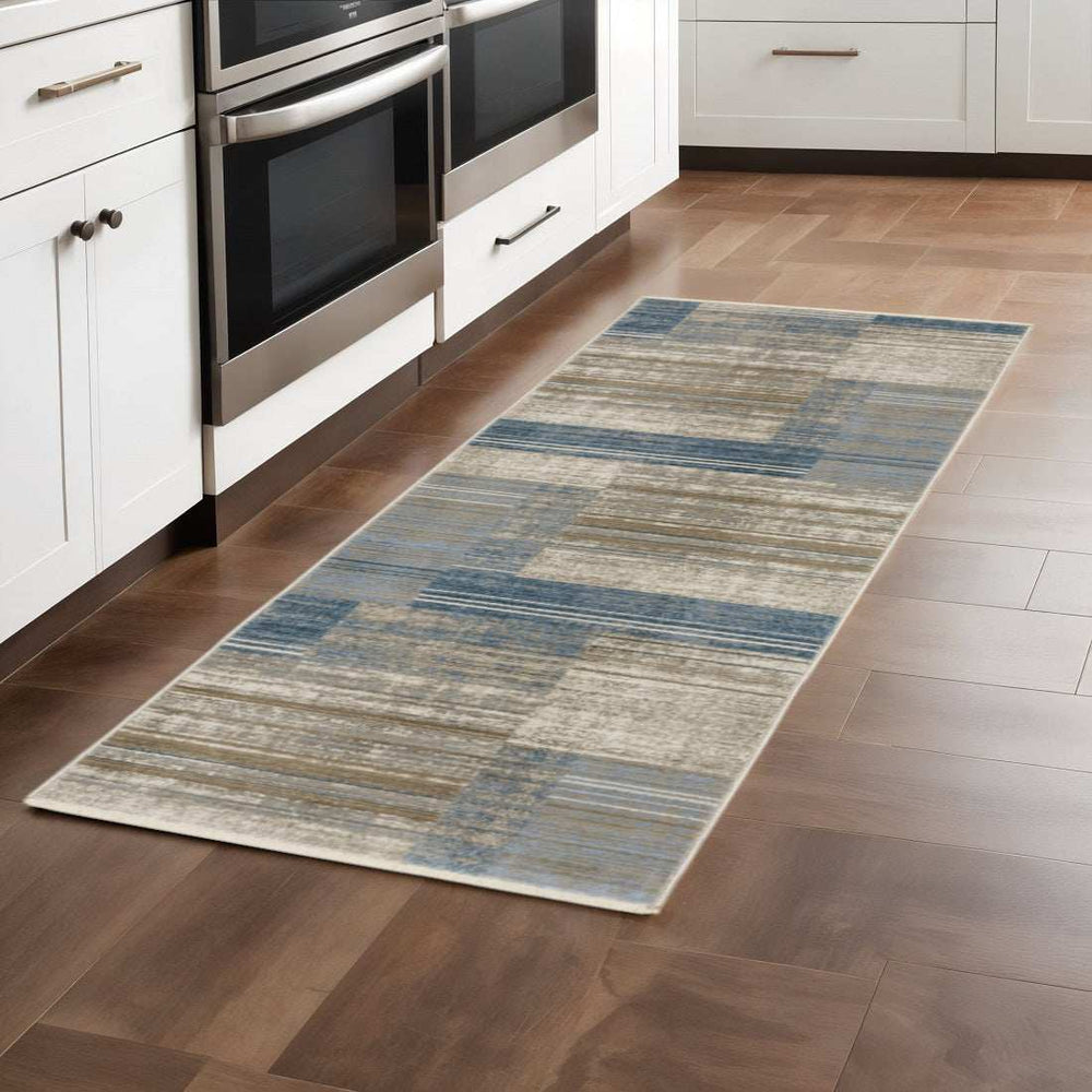 8' Beige Blue and Gray Geometric Power Loom Runner Rug - Homeroots - Flyclothing LLC