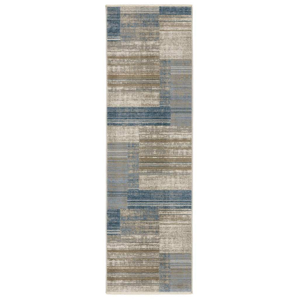 8' Beige Blue and Gray Geometric Power Loom Runner Rug - Homeroots - Flyclothing LLC