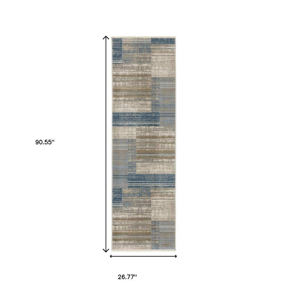 8' Beige Blue and Gray Geometric Power Loom Runner Rug - Homeroots - Flyclothing LLC