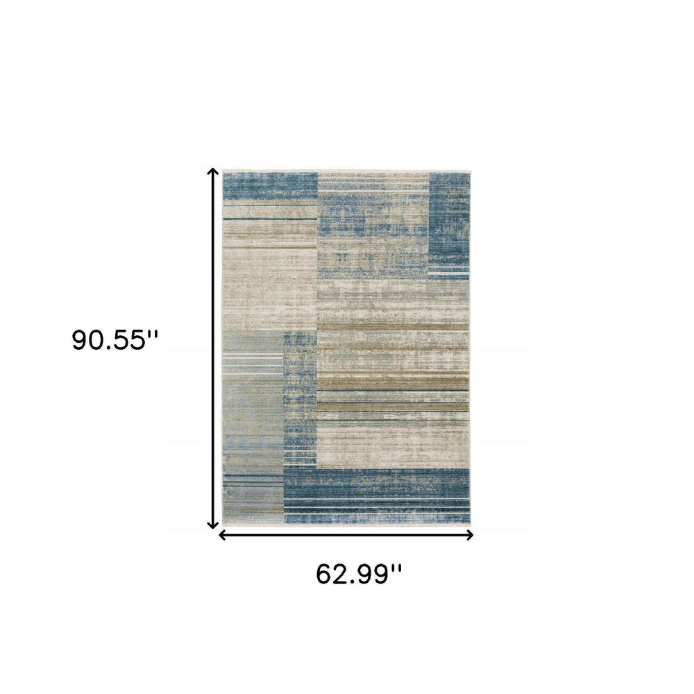 5' X 8' Blue Dark Blue Teal Grey Ivory Beige And Tan Geometric Power Loom Stain Resistant Area Rug With Fringe - Homeroots - Flyclothing LLC