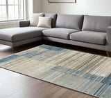 6' X 9' Blue Dark Blue Teal Grey Ivory Beige And Tan Geometric Power Loom Stain Resistant Area Rug With Fringe - Homeroots - Flyclothing LLC