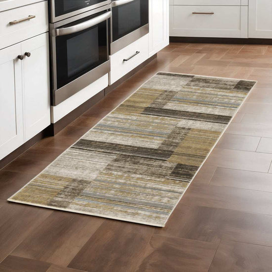 8' Beige and Charcoal Geometric Power Loom Runner Rug - Homeroots - Flyclothing LLC