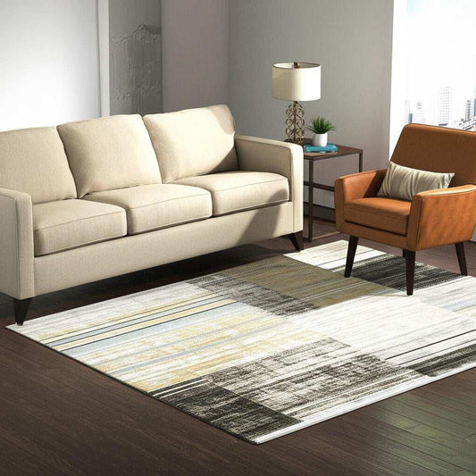 5' X 8' Beige Charcoal Brown Grey Tan Gold And Blue Geometric Power Loom Stain Resistant Area Rug With Fringe - Homeroots - Flyclothing LLC