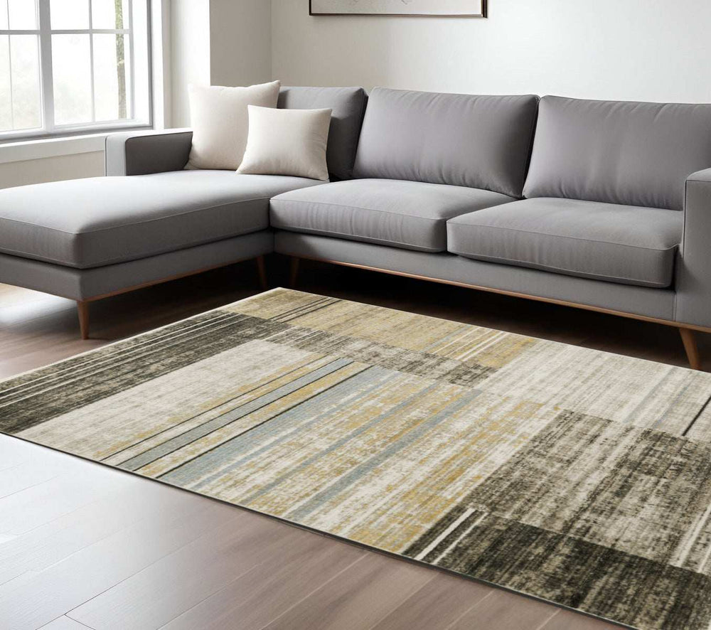 6' X 9' Beige Charcoal Brown Grey Tan Gold And Blue Geometric Power Loom Stain Resistant Area Rug With Fringe - Homeroots - Flyclothing LLC