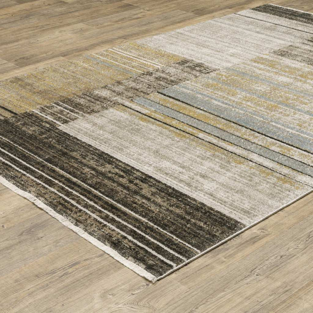 10' X 13' Beige Charcoal Brown Grey Tan Gold And Blue Geometric Power Loom Stain Resistant Area Rug With Fringe - Homeroots - Flyclothing LLC