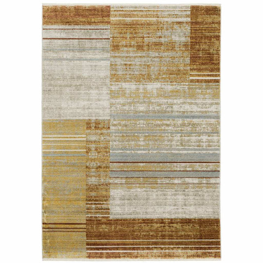 10' X 13' Rust Gold Blue Grey Ivory And Tan Geometric Power Loom Stain Resistant Area Rug With Fringe - Homeroots - Flyclothing LLC