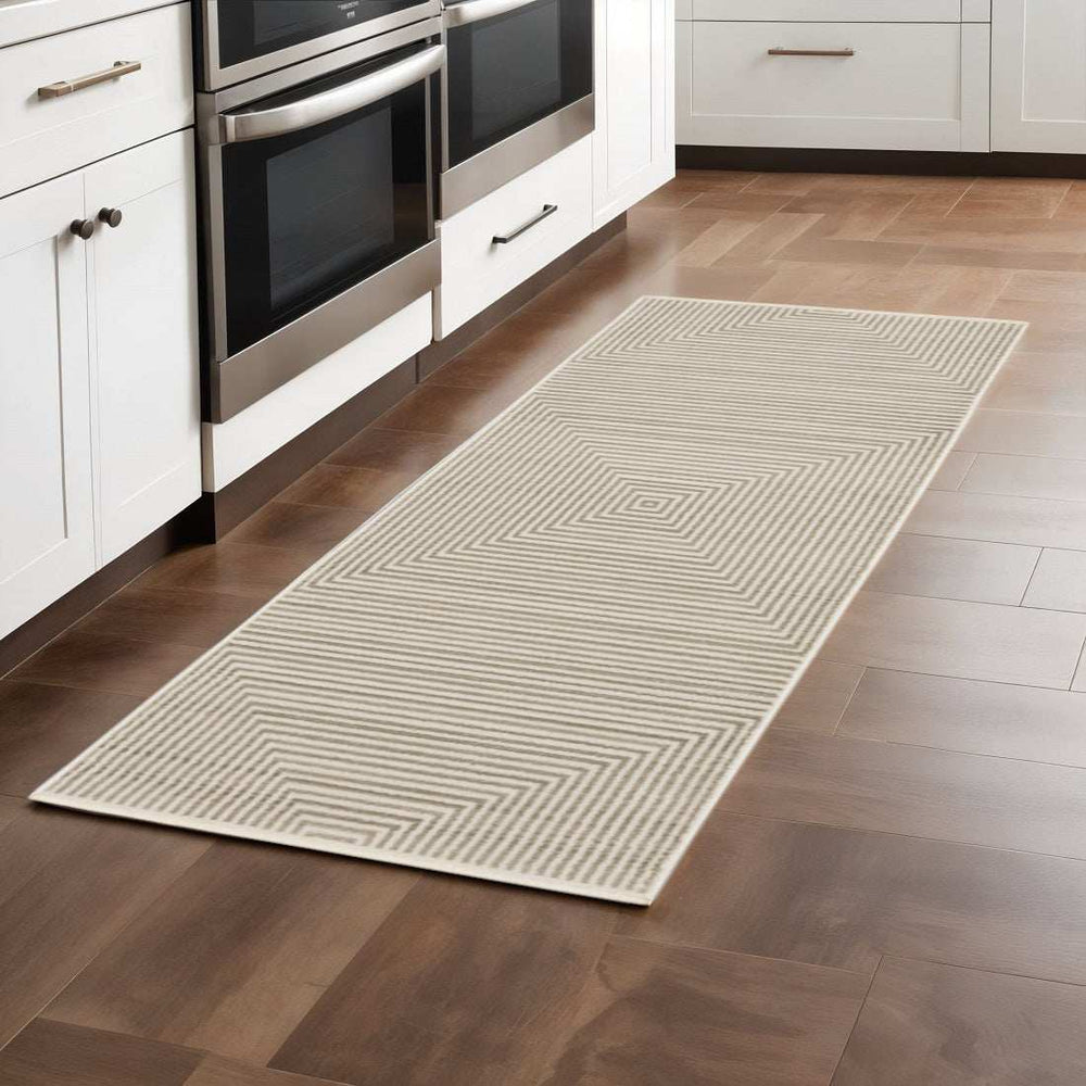 8' Ivory Beige Taupe And Tan Geometric Power Loom Runner Rug With Fringe - Homeroots - Flyclothing LLC