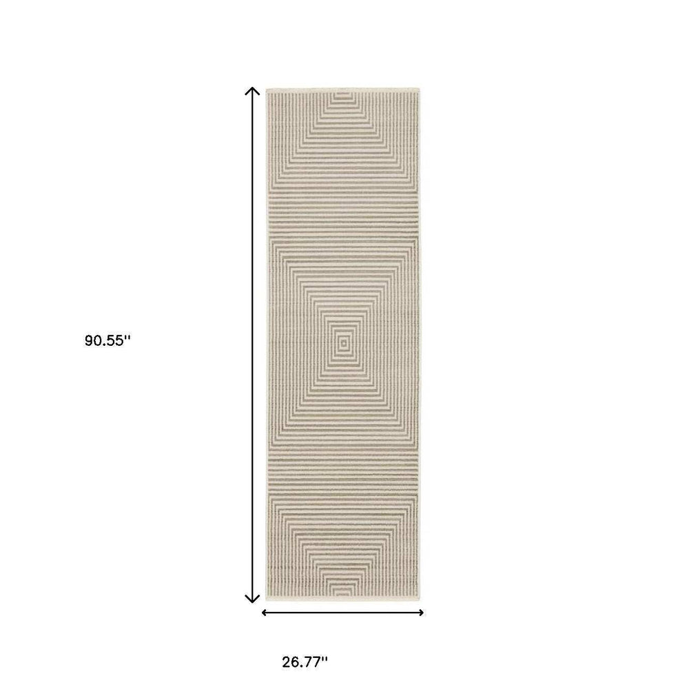 8' Ivory Beige Taupe And Tan Geometric Power Loom Runner Rug With Fringe - Homeroots - Flyclothing LLC