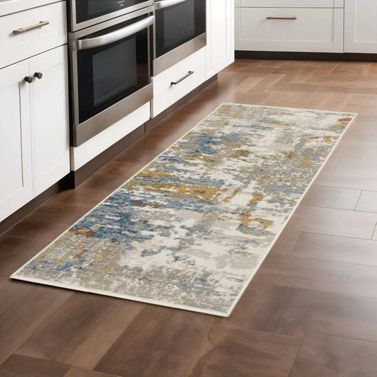8' Beige Grey Gold Blue Rust And Teal Abstract Power Loom Runner Rug With Fringe - Homeroots - Flyclothing LLC